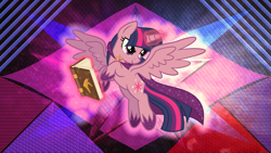 Size: 5120x2880 | Tagged: safe, artist:laszlvfx, artist:osipush, derpibooru import, edit, twilight sparkle, twilight sparkle (alicorn), alicorn, pony, alternate universe, book, cape, clothes, female, flying, glowing horn, high res, horn, levitation, mage, magic, magic aura, mare, shoes, solo, telekinesis, wallpaper, wallpaper edit