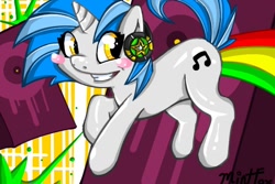 Size: 600x400 | Tagged: safe, artist:mc10215, dj pon-3, vinyl scratch, pony, fart, headphones, rainbow, rainbow fart, solo