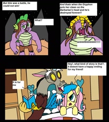 Size: 1497x1689 | Tagged: safe, artist:eagc7, discord, fluttershy, rocky, spike, dragon, pegasus, pony, bed, book, caring for the sick, claws, dialogue, fluttershy's cottage, mountain, nest, parody, sick, text, the fairly oddparents