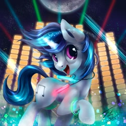 Size: 600x600 | Tagged: safe, artist:tsitra360, dj pon-3, vinyl scratch, pony, unicorn, equalizer, female, glowstick, jewelry, mare, necklace, open mouth, signature, solo