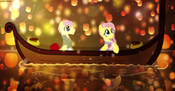 Size: 7855x4100 | Tagged: safe, artist:asika-aida, butterscotch, fluttershy, pegasus, pony, absurd resolution, boat, clothes, commission, crossover, disney, female, flutterscotch, i see the light, lantern, male, paper lantern, rule 63, scene interpretation, self ponidox, selfcest, shipping, smiling, straight, tangled (disney)