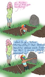 Size: 702x1200 | Tagged: safe, artist:vennyredmoon, derpibooru import, fluttershy, rainbow dash, human, alternate hairstyle, base used, blatant lies, blushing, clothes, crying, digging, dirt, female, flats, grass, grave, gravestone, heartbreak, humanized, implied lesbian, implied pinkie pie, implied pinkiedash, implied shipping, jewelry, metaphor, necklace, overreacting, overreaction, pun, question mark, sad, shoes, shorts, shovel, sports bra, sports shorts, sweater, sweatershy, tombstones