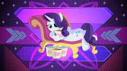 Size: 5120x2880 | Tagged: safe, artist:cyanlightning, artist:laszlvfx, derpibooru import, edit, rarity, pony, unicorn, eating, fainting couch, food, ice cream, solo, wallpaper, wallpaper edit