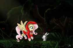 Size: 3000x2000 | Tagged: safe, artist:shogundun, angel bunny, fluttershy, pegasus, pony, basket, clothes, crossover, cute, duo, forest, glowing eyes, little red riding hood, mouth hold, shyabetes