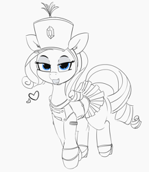 Size: 2749x3170 | Tagged: safe, artist:pabbley, rarity, pony, unicorn, clothes, cute, female, hat, heart, high heels, looking at you, mare, mary janes, monochrome, neo noir, open mouth, partial color, pleated skirt, shoes, skirt, skirt lift, solo, uniform