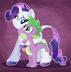 Size: 500x505 | Tagged: safe, artist:the-irken-moonwalker, rarity, spike, classical unicorn, dragon, pony, unicorn, baby, baby dragon, blue eyes, cloven hooves, colored hooves, cute, ear fluff, fangs, female, green eyes, hoof around neck, hug, leg fluff, leonine tail, looking at each other, male, mare, one eye closed, purple background, raribetes, scales, shipping, signature, simple background, smiling, sparity, spikabetes, squishy cheeks, straight, unshorn fetlocks