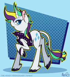 Size: 400x438 | Tagged: safe, artist:the-irken-moonwalker, rarity, classical unicorn, pony, unicorn, alternate hairstyle, beautiful, clothes, cloven hooves, colored hooves, ear piercing, earring, fabulous, female, jewelry, leonine tail, light blue background, mare, piercing, punk, raised hoof, raripunk, simple background, solo, unshorn fetlocks