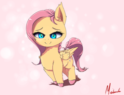 Size: 1400x1080 | Tagged: safe, artist:miokomata, fluttershy, pegasus, pony, chibi, cute, hnnng, looking at you, shyabetes, signature, smiling, solo