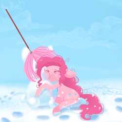 Size: 2000x2000 | Tagged: safe, artist:gnidagovnida, pinkie pie, earth pony, pony, blushing, clothes, eyes closed, high res, hug, mop, scarf, snow, snowman, solo, winter