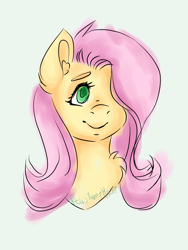 Size: 1944x2592 | Tagged: safe, artist:jannemoore, fluttershy, pegasus, pony, bust, colored sketch, hair over one eye, looking away, looking up, portrait, simple background, smiling, solo, white background