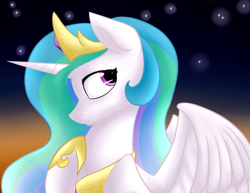 Size: 1600x1236 | Tagged: safe, artist:firepetalfox, princess celestia, alicorn, pony, bust, female, looking back, mare, portrait, side view, solo, spread wings, wings