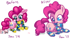 Size: 1456x808 | Tagged: safe, artist:mcponyponypony, pinkie pie, earth pony, pony, clothes, draw this again, ice skates, improvement, scarf, simple background, socks, solo, striped socks, white background