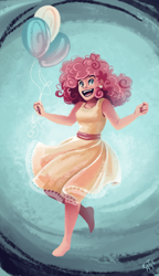 Size: 800x1389 | Tagged: safe, artist:katiepox, pinkie pie, human, balloon, clothes, dress, humanized, solo