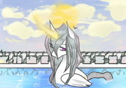 Size: 540x381 | Tagged: safe, artist:incapacitatedvixen, princess celestia, alicorn, duck pony, pony, cloud, female, folded wings, magic, magic aura, mare, royalty, solo, sunrise, swanlestia, swimming, vine, water, water fowl, wet, wet mane