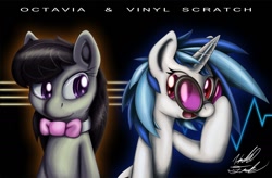 Size: 1400x917 | Tagged: safe, artist:fuzon-s, dj pon-3, octavia melody, vinyl scratch, earth pony, pony, heterochromia, red eyes