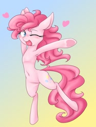 Size: 1200x1600 | Tagged: safe, artist:azurepicker, pinkie pie, earth pony, pony, armpits, belly button, gradient background, heart, solo