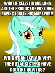 Size: 625x833 | Tagged: safe, lyra heartstrings, pony, unicorn, conspiracy lyra, exploitable meme, female, green coat, horn, image macro, looking at you, mare, meme, open mouth, simple background, solo, text, two toned mane