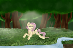 Size: 2999x1981 | Tagged: safe, artist:appleychu, fluttershy, pegasus, pony, eyes closed, forest, happy, open mouth, prone, solo