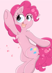 Size: 2456x3484 | Tagged: safe, artist:meowmavi, pinkie pie, earth pony, pony, flower petals, happy, high res, pink background, simple background, solo