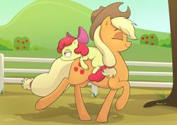 Size: 1280x905 | Tagged: safe, artist:wonkysole, apple bloom, applejack, earth pony, pony, adorabloom, cute, eyes closed, jackabetes, ponies riding ponies, trotting