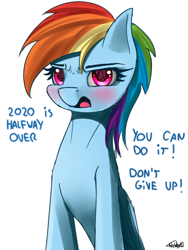 Size: 1500x2000 | Tagged: safe, artist:nixworld, derpibooru import, rainbow dash, pegasus, pony, 2020, big eyes, blushing, cute, female, mare, motivational poster, simple background, sitting, talking, talking to viewer, white background