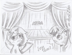 Size: 827x638 | Tagged: safe, artist:santi-dleon, derpibooru import, twilight sparkle, oc, monochrome, spanish