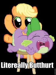 Size: 452x600 | Tagged: safe, artist:sternymares, edit, applejack, spike, dragon, earth pony, pony, butthurt, caption, chair, cropped, crying, female, literal butthurt, low quality, male, misspelling, spanking