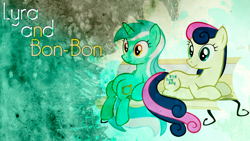 Size: 1920x1080 | Tagged: safe, artist:bluedragonhans, derpibooru import, bon bon, lyra heartstrings, sweetie drops, earth pony, pony, unicorn, abstract background, bench, duo, duo female, female, mare, prone, sitting, sitting lyra, wallpaper