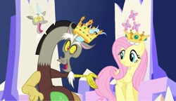 Size: 683x394 | Tagged: safe, edit, edited screencap, screencap, discord, fluttershy, draconequus, pegasus, pony, what about discord?, crown, female, friendship throne, jewelry, king discord, male, queen fluttershy, regalia, throne