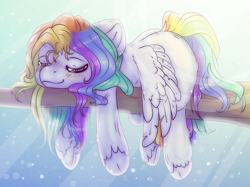 Size: 2500x1874 | Tagged: safe, artist:angelmartje, derpibooru import, rainbow dash, pegasus, pony, dream, eyes closed, sleeping, solo, tree branch