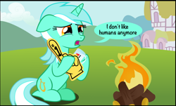 Size: 996x601 | Tagged: safe, artist:coltsteelstallion, edit, lyra heartstrings, human, pony, unicorn, campfire, cropped, crying, cup, dialogue, female, fire, floppy ears, foam finger, frown, hoof hold, humie, i don't like humans anymore, lidded eyes, mare, meme, mug, open mouth, sad, sitting, solo, speech bubble, teary eyes