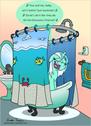 Size: 702x971 | Tagged: safe, artist:sketchinetch, edit, lyra heartstrings, pony, unicorn, bloodhound gang, calibri, female, innuendo, mare, mirror, shower, singing, singing in the shower, the bad touch, wet, wet mane