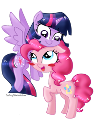 Size: 495x640 | Tagged: safe, artist:tinacrazy29, derpibooru import, pinkie pie, twilight sparkle, twilight sparkle (alicorn), alicorn, earth pony, pony, blush sticker, blushing, female, lesbian, mare, shipping, simple background, transparent background, twinkie