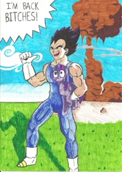 Size: 752x1063 | Tagged: safe, artist:methaw, derpibooru import, twilight sparkle, twilight sparkle (alicorn), alicorn, human, pony, crossover, dragon ball z, dragonball z abridged, explosion, female, holding a pony, mare, scared, traditional art, traumatized, vegeta, vulgar