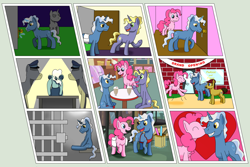 Size: 5250x3500 | Tagged: safe, artist:allonsbro, pinkie pie, pokey pierce, ponet, oc, oc:clevis padlock, earth pony, pony, absurd resolution, apron, burglar, clothes, comic, headcanon, jail, kissing, magic, male, milkshake, pokeypie, police, saddle bag, shipping, story in the source, straight