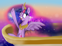 Size: 4000x3000 | Tagged: safe, artist:segraece, derpibooru import, twilight sparkle, twilight sparkle (alicorn), alicorn, pony, accessory swap, ethereal mane, female, grin, mare, older, solo, spread wings, starry mane, tongue out, twilight snapple, waving