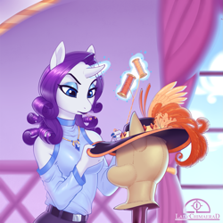 Size: 1265x1265 | Tagged: safe, artist:ladychimaera, rarity, anthro, unicorn, carousel boutique, clothes, concentrating, cute, female, frown, glowing horn, hat, levitation, lipstick, magic, mannequin, mare, raribetes, sewing, shoulderless, solo, telekinesis, thread