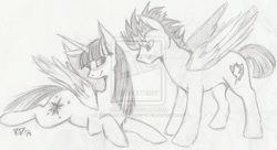 Size: 1024x556 | Tagged: safe, artist:radioactivedeadend, derpibooru import, flash sentry, twilight sparkle, twilight sparkle (alicorn), alicorn, pony, blushing, female, flashlight, male, mare, monochrome, shipping, sketch, straight, traditional art, watermark