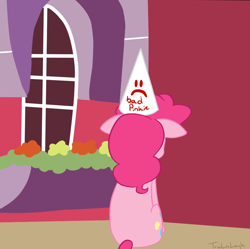 Size: 900x895 | Tagged: safe, artist:tralalayla, pinkie pie, earth pony, pony, :c, bad pinkie, comic, corner, dunce hat, female, floppy ears, frown, hat, mare, sad, sitting, solo, time out, window