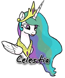 Size: 913x1085 | Tagged: safe, artist:fork, princess celestia, alicorn, pony, beautiful, crown, female, folded wings, jewelry, mare, multicolored mane, name, necklace, peytral, purple eyes, regalia, smiling, solo, text