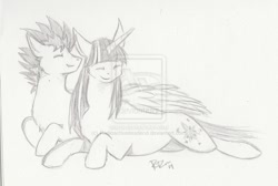 Size: 1024x687 | Tagged: safe, artist:radioactivedeadend, derpibooru import, flash sentry, twilight sparkle, twilight sparkle (alicorn), alicorn, pony, female, flashlight, male, mare, monochrome, pregnant, shipping, sketch, straight, traditional art, watermark