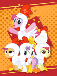 Size: 900x1200 | Tagged: safe, artist:dm29, apple bloom, pinkie pie, scootaloo, sweetie belle, chicken, earth pony, pony, adorabloom, animal costume, chicken suit, chinese new year, clothes, confetti, costume, cute, cutealoo, cutie mark crusaders, diapinkes, diasweetes, elizabeak, food, gold ingot, grumpy, julian yeo is trying to murder us, orange, scootachicken, unamused, year of the rooster