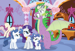 Size: 4261x2877 | Tagged: safe, artist:velveagicsentryyt, rarity, spike, oc, oc:burnity, oc:sky city, oc:spectrum night, dracony, dragon, hybrid, pony, unicorn, colt, female, filly, interspecies offspring, male, offspring, older, parent:fancypants, parent:rarity, parent:spike, parents:raripants, parents:sparity, shipping, sparity, straight, winged spike