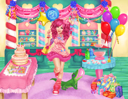 Size: 4628x3579 | Tagged: safe, artist:iluphi, gummy, pinkie pie, human, absurd resolution, balloon, cake, clothes, cute, food, happy, humanized, party, punch (drink), punch bowl, shoes, skirt, sneakers, socks