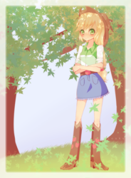 Size: 1841x2500 | Tagged: safe, artist:riouku, applejack, equestria girls, blushing, boots, clothes, cowboy boots, cowboy hat, crossed arms, cute, denim skirt, grass, hat, jackabetes, leaves, looking at you, signature, skirt, smiling, solo, stetson, tree