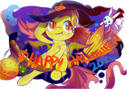 Size: 1024x722 | Tagged: safe, artist:kumikoponylk, angel bunny, fluttershy, bat pony, pony, broom, flutterbat, flying, flying broomstick, hat, moon, race swap, simple background, transparent background, watermark, witch hat