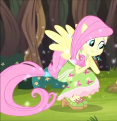 Size: 466x480 | Tagged: safe, screencap, fluttershy, equestria girls, legend of everfree, camp everfree outfits, camp fashion show outfit, clothes, cute, high heels, kneeling, ponied up, pony ears, ponytail, shoes, skirt, smiling, solo, tail, wings