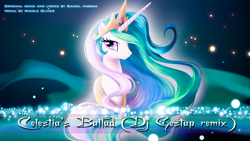 Size: 1920x1080 | Tagged: safe, alternate version, artist:alanfernandoflores01, artist:gestapwarmhunter, artist:tollaner, derpibooru import, edit, princess celestia, alicorn, pony, cover art, crown, female, jewelry, mare, regalia, solo, song cover, text, wallpaper