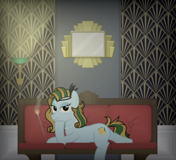 Size: 2200x2000 | Tagged: safe, artist:devfield, derpibooru import, oc, oc only, oc:atlas, pony, unicorn, art deco, bedroom eyes, bioshock, cigarette, cigarette holder, cushion, feather, female, glow, headband, high res, jewelry, lamp, light, looking at you, mare, mirror, necklace, pearl necklace, prone, smiling, smirk, smoke, sofa, solo, vignette, wallpaper, wood