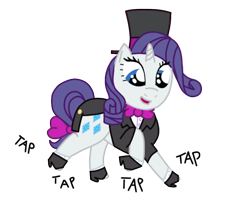 Size: 672x576 | Tagged: safe, artist:fskindness, rarity, pony, unicorn, bowtie, clothes, cute, dancing, female, hat, looking down, mare, onomatopoeia, open mouth, raised hoof, raised leg, raribetes, shoes, simple background, smiling, suit, tap dancing, text, top hat, transparent background, tuxedo